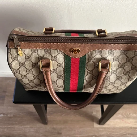 GUCCI Boston Bag $1295 Monogram Canvas, Dark Brown Leather Trim & Green-Red Web - Picture 12 of 17